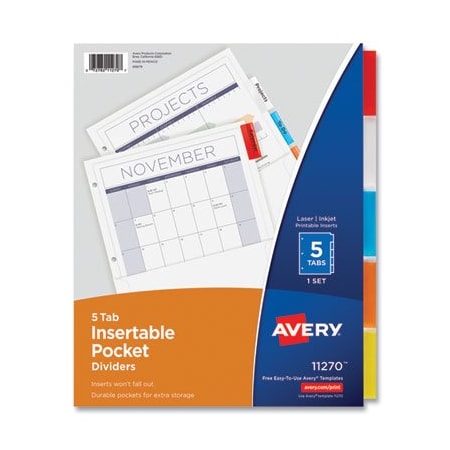 Avery Dennison Avery, Insertable Dividers W/single Pockets, 5-Tab, 11 1/4 X 9 1/8 11270